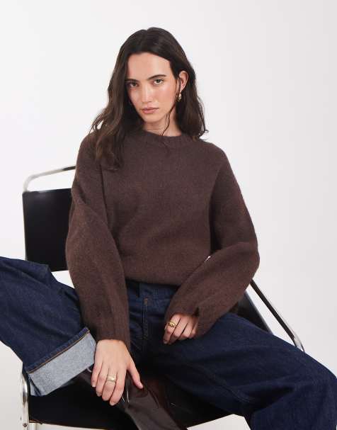 Pieces oversized wool blend knitted jumper in chocolate brown - view 1