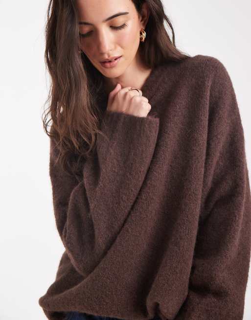 Pieces oversized wool blend knitted jumper in chocolate brown, 3 of 4