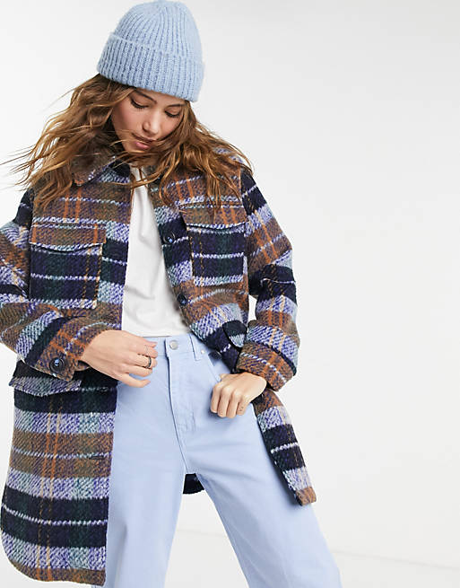PIECES oversized wool shacket in blue check | ASOS