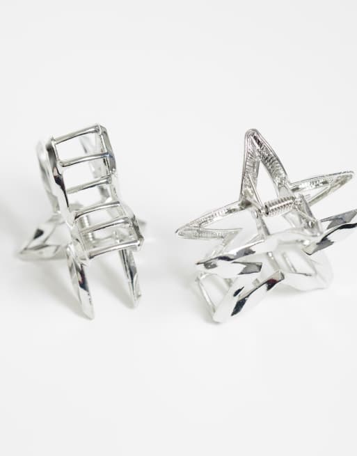 Pieces - Pack de 2 pinzas plateadas pequeñas con diseño de estrella de metal, 3 de 3