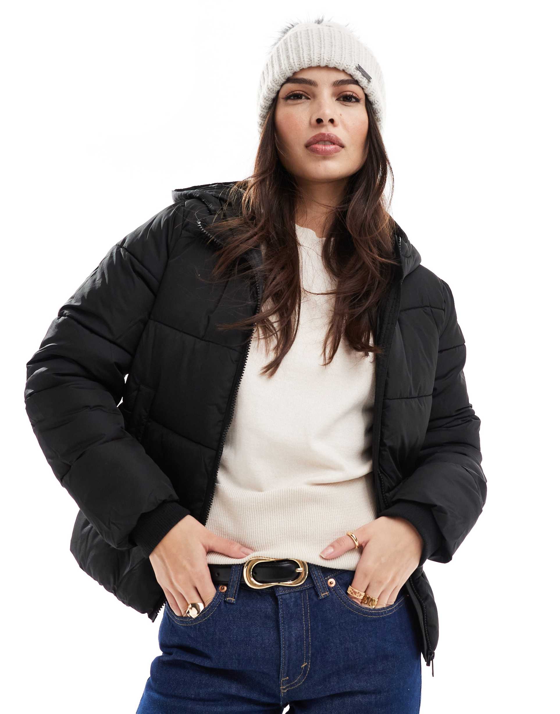 pieces padded coat with hood in black