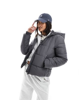 Pieces padded coat with hood in charcoal grey