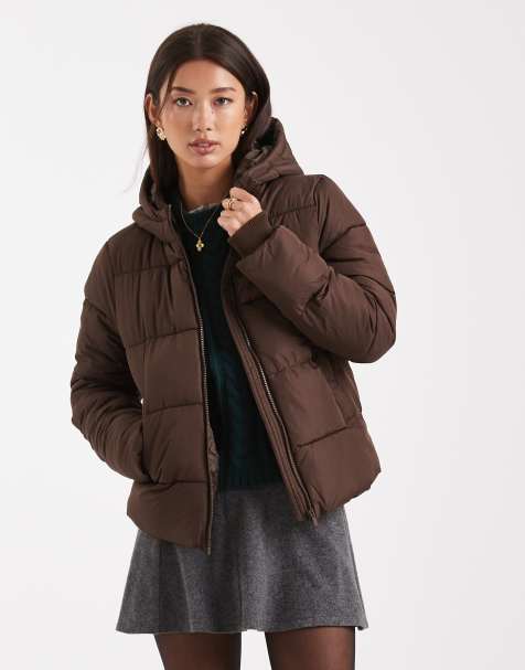 Pieces padded coat with hood in chocolate brown - view 1