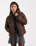 [Pieces] Pieces padded coat with hood in chocolate brown XS Hot fudge