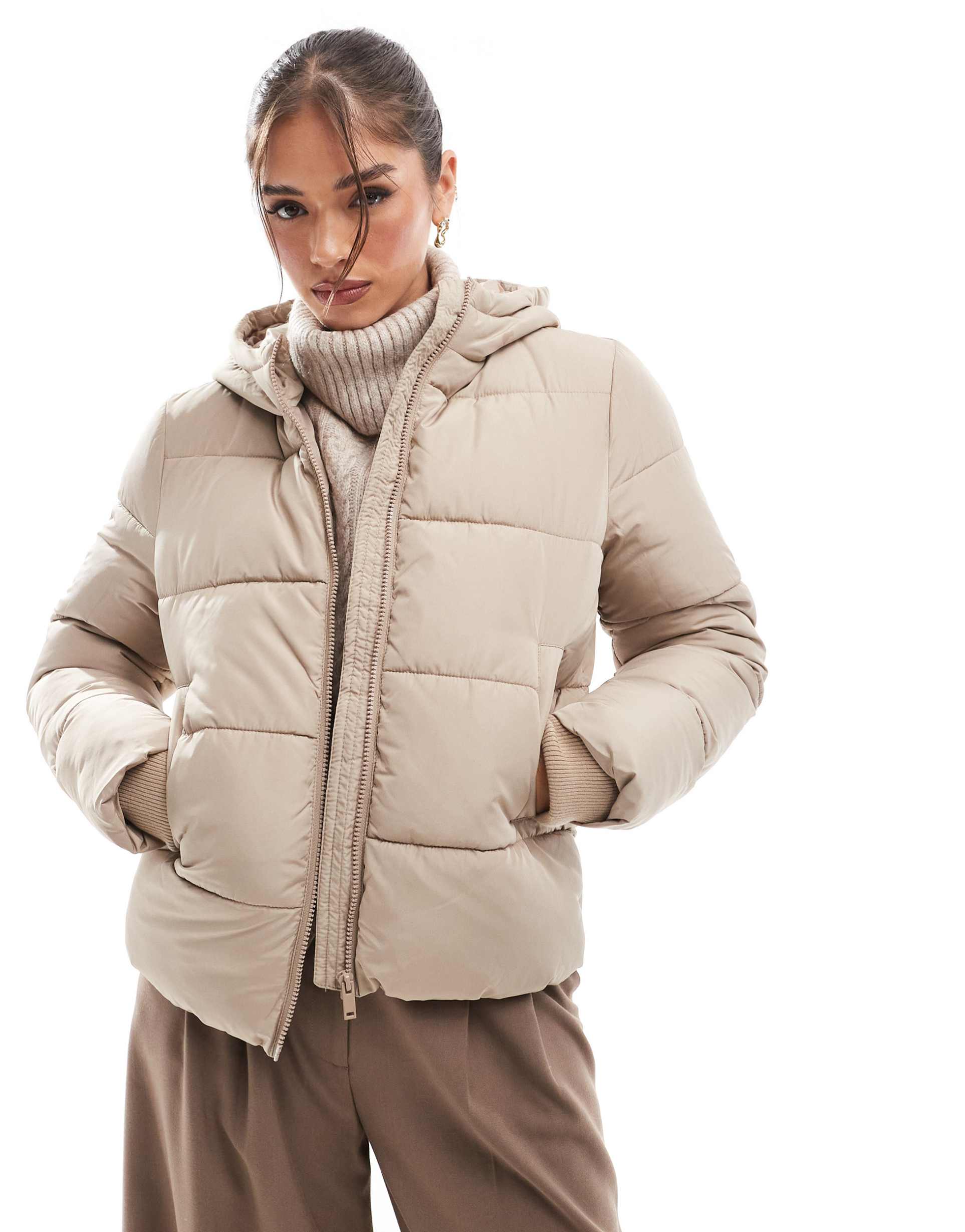 pieces padded coat with hood in soft beige