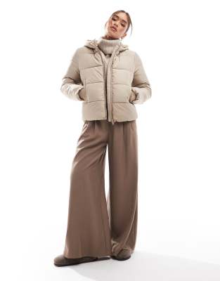 Pieces Longline Padded Coat With Hood In Soft Beige-neutral In Neutral