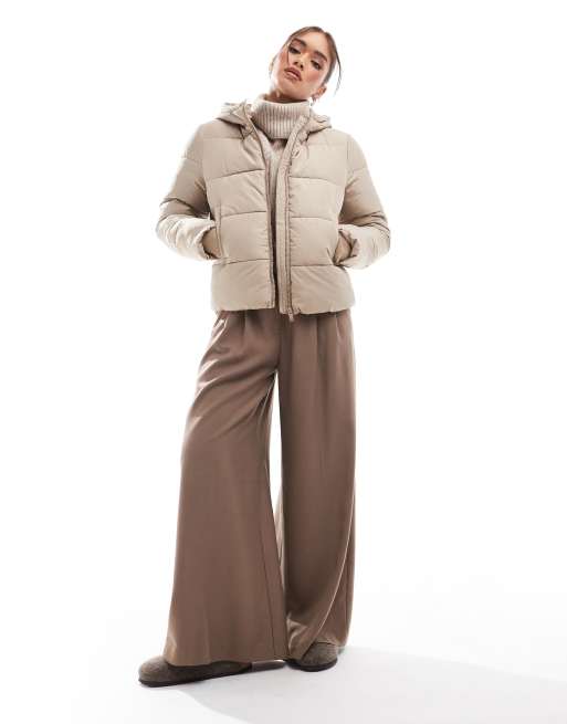 Pieces padded coat with hood in soft beige