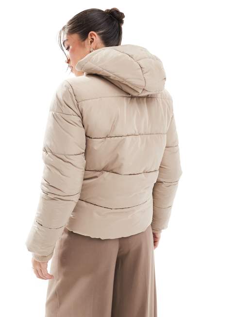 Pieces padded coat with hood in soft beige