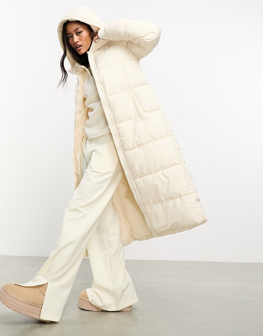 padded maxi coat with hood in cream-White