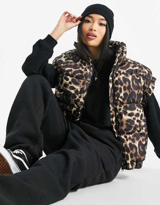 Pieces padded vest in leopard print