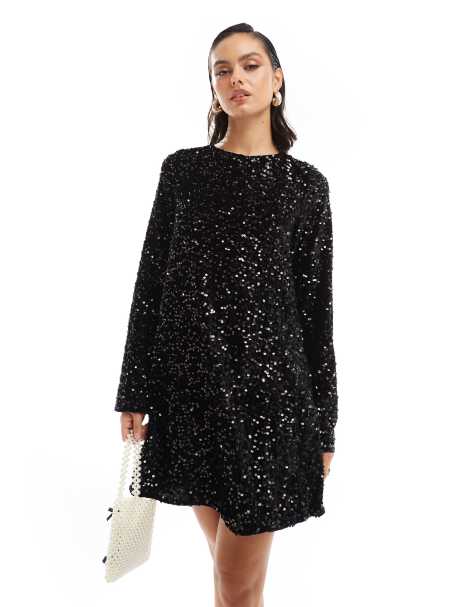 Pieces – Pailletten-Minikleid in Schwarz mit Bandschleife am Rücken - view 1