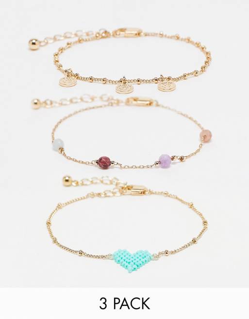 PIECES - Pakke med 3 fine armbånd i guldfarve - Kun hos ASOS