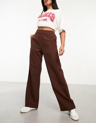 Pieces wide leg trousers in chocolate - ASOS Price Checker
