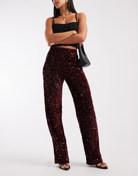 Pieces - Pantalon ample en velours orné de sequins - Bordeaux - view 1