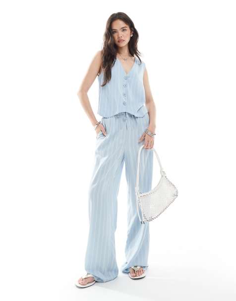 Pieces - Pantalon d'ensemble ample à rayures - Bleu clair - view 1