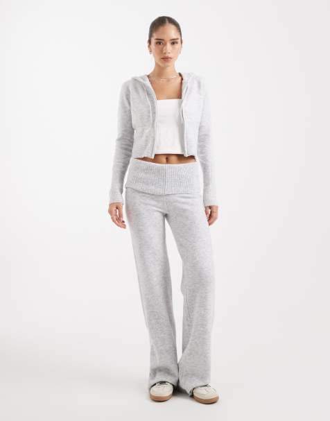 Pieces - Pantalon d'ensemble en maille avec taille repliée - Gris clair chiné - view 1