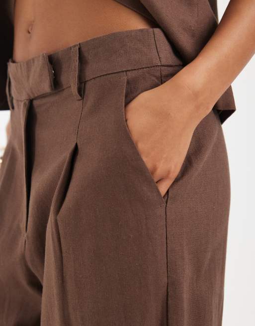 Pieces - Pantalon d'ensemble large aspect lin coupe habillée - Marron chocolat, 2 de 5