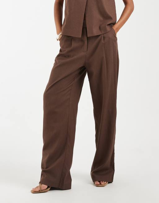 Pieces - Pantalon d'ensemble large aspect lin coupe habillée - Marron chocolat, 3 de 5