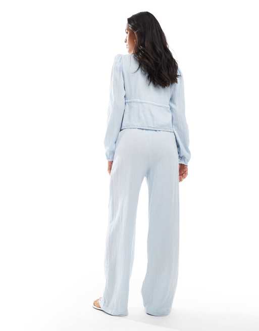 Pieces - Pantalon d'ensemble large en coton froissé - Bleu clair, 2 de 5