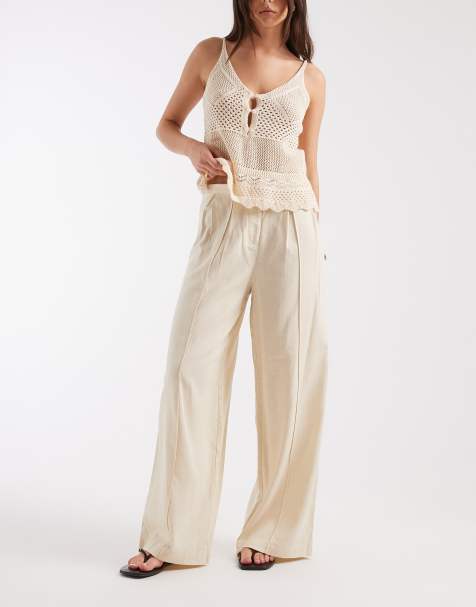 Pieces - Pantalon large aspect lin plissé devant - Crème - view 1