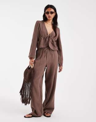 Pantalon large d'ensemble en coton froissé - Marron chocolat XS