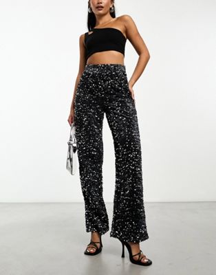 Pieces velour & sequin wide leg trousers in grey - ASOS Price Checker