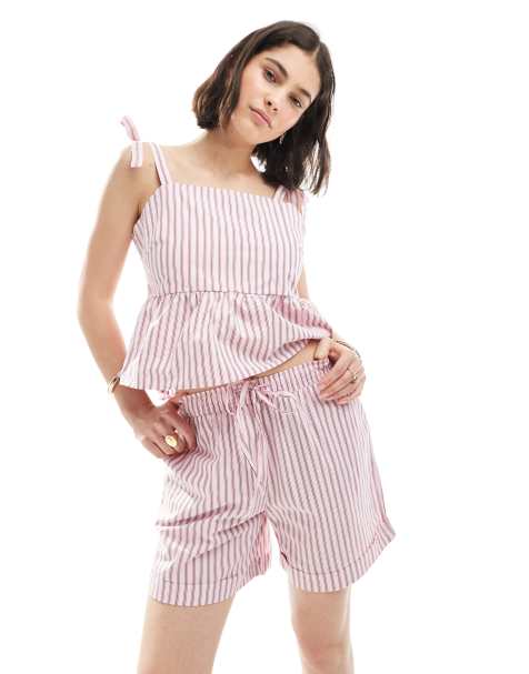 Pieces - Pantaloncini a vita alta a righe rosa e bianche in coordinato - view 1