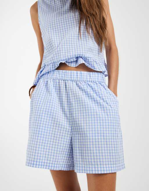 Pieces - Pantaloncini a vita alta blu e bianchi a quadretti in coordinato, 3 di 5