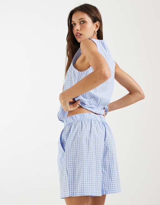 Pieces - Pantaloncini a vita alta blu e bianchi a quadretti in coordinato, 5 di 5