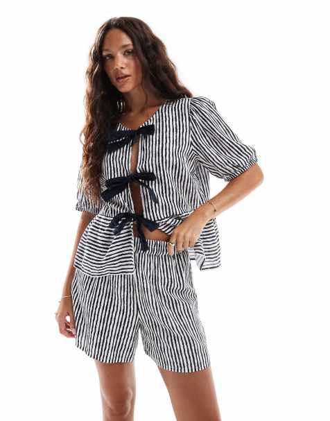 Pieces - Pantaloncini a vita alta blu navy e bianchi a righe in coordinato - view 1