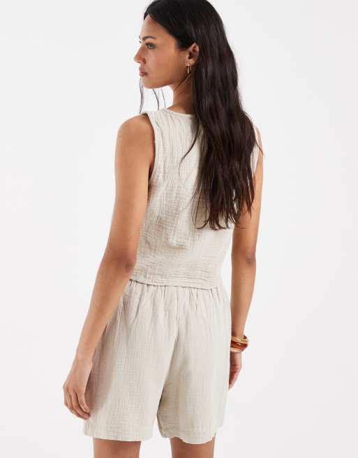Pieces - Pantaloncini a vita alta in cotone stropicciato grigio caldo in coordinato, 5 di 5