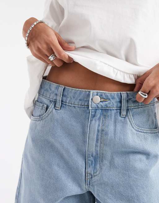 Pieces - Pantaloncini a vita medio alta in denim blu chiaro, 3 di 5