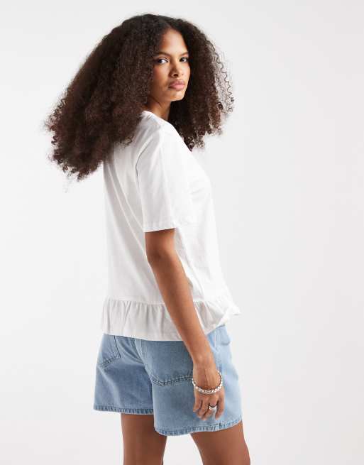 Pieces - Pantaloncini a vita medio alta in denim blu chiaro, 4 di 5