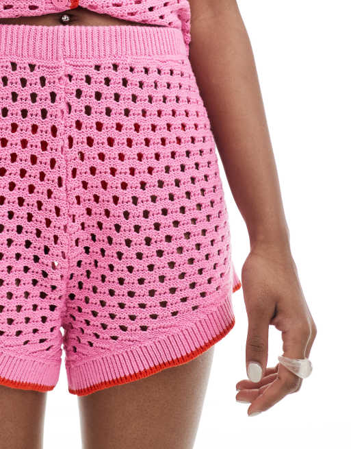 Pieces - Pantaloncini in maglia traforata rosa e rossi in coordinato, 5 di 5