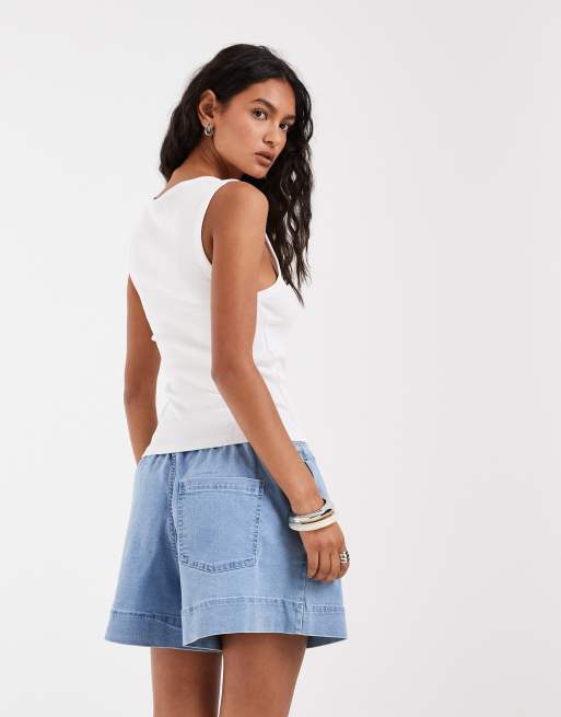 Pieces - Pantalones cortos vaqueros azul claro con lazada en la cintura, 4 de 5
