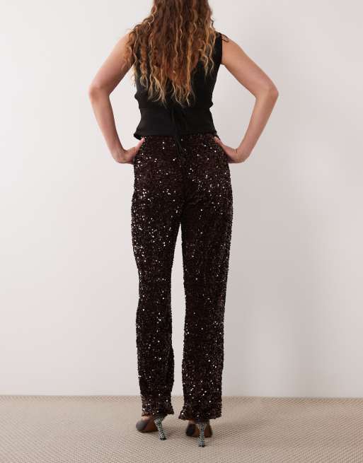 Pieces pantalones de pernera ancha de terciopelo con lentejuelas en marrón chocolate, 4 de 5