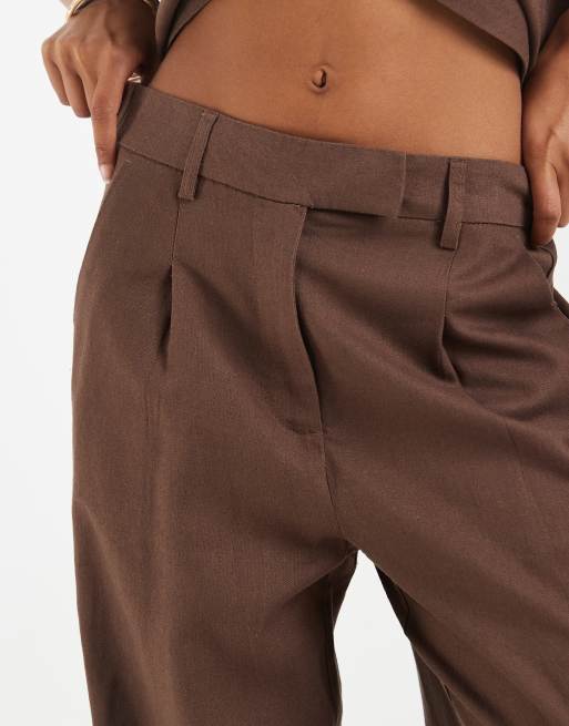Pieces - Pantalones de sastre marrón chocolate de pernera ancha de tejido efecto lino (parte de un conjunto), 4 de 5