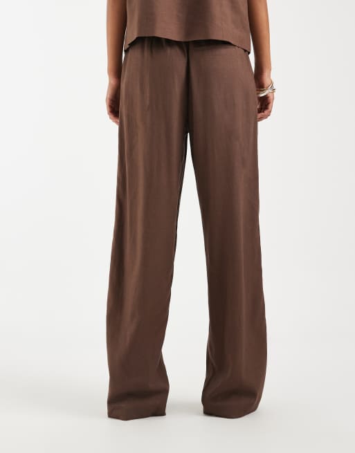 Pieces - Pantalones de sastre marrón chocolate de pernera ancha de tejido efecto lino (parte de un conjunto), 5 de 5