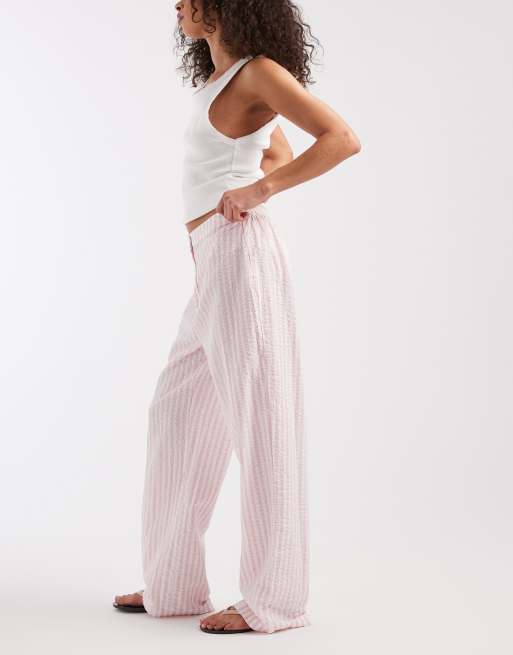 Pieces - Pantalones rosa rosáceo y blancos de talle alto, 2 de 5
