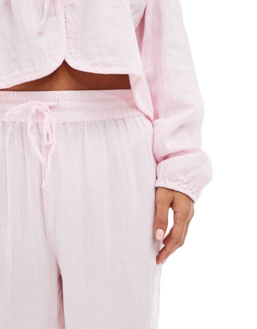 Pieces - Pantaloni a fondo ampio in cotone stropicciato rosa chiaro in coordinato, 2 di 5