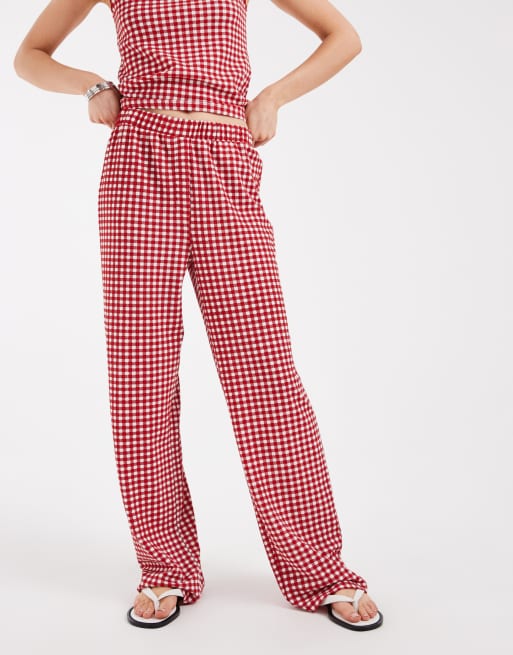 Pieces - Pantaloni a vita alta a quadretti rossi e bianchi in coordinato, 2 di 5