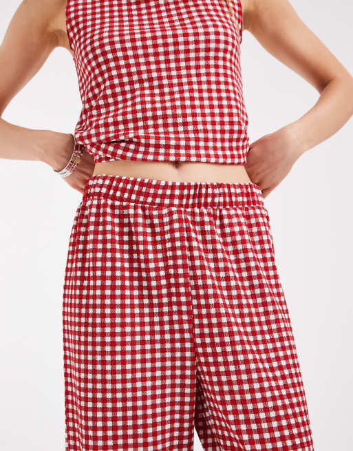 Pieces - Pantaloni a vita alta a quadretti rossi e bianchi in coordinato, 3 di 5