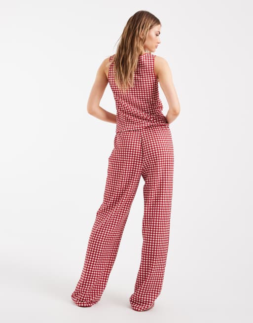 Pieces - Pantaloni a vita alta a quadretti rossi e bianchi in coordinato, 5 di 5