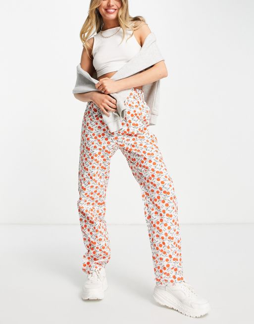 Pieces - Pantaloni a vita alta con stampa di frutta, colore bianco acceso