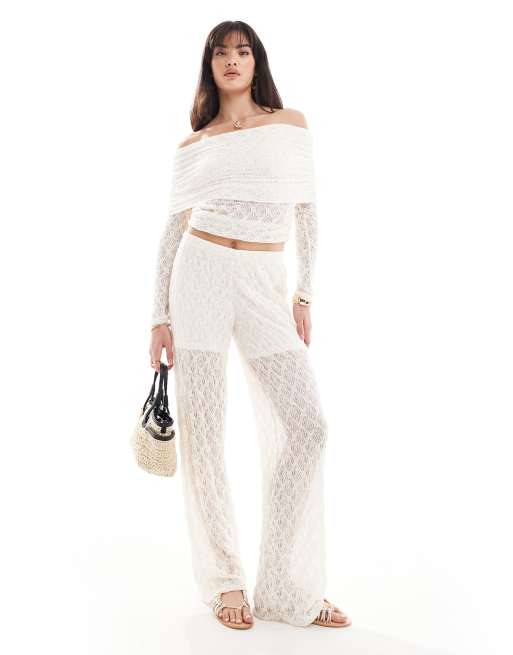 Pieces - Pantaloni color crema in pizzo in coordinato