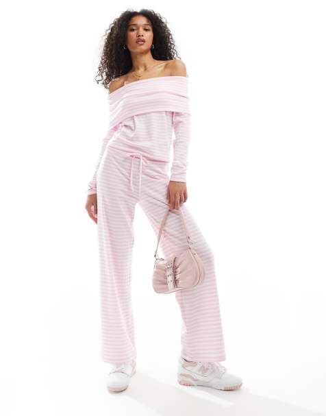 Pieces - Pantaloni in jersey a coste rosa a righe in coordinato - view 1