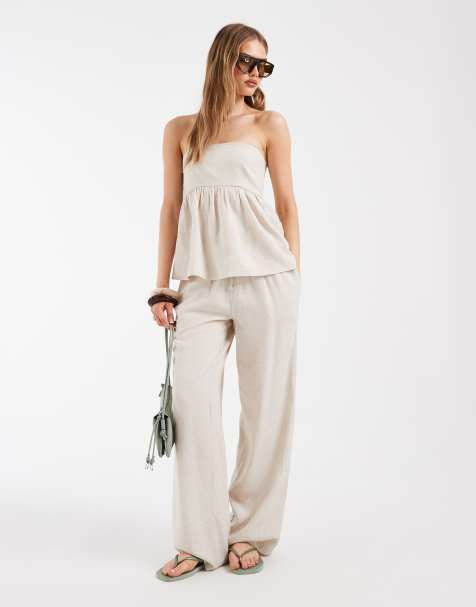 Pieces - Pantaloni in misto lino color crema mélange allacciati in vita in coordinato - view 1