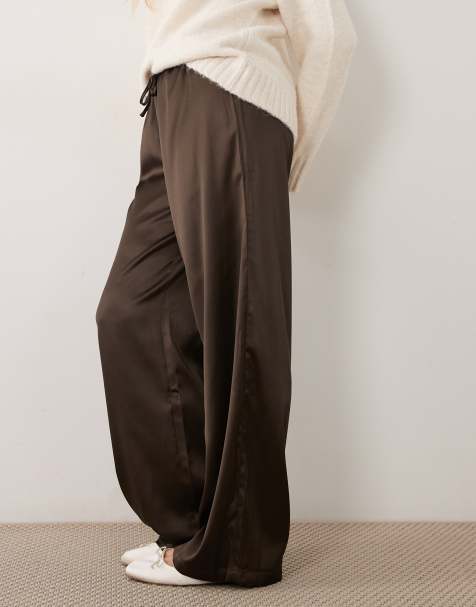 Pieces pantaloni in satin a fondo ampio, co-ord, marrone - view 1