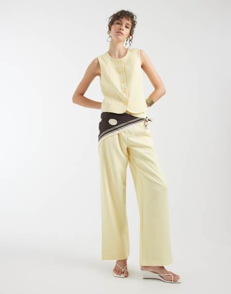 Pieces - Pantaloni sartoriali con bottoni multiposizione giallo pastello in coordinato - view 1