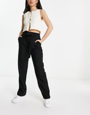 paperbag waist straight leg pants in black